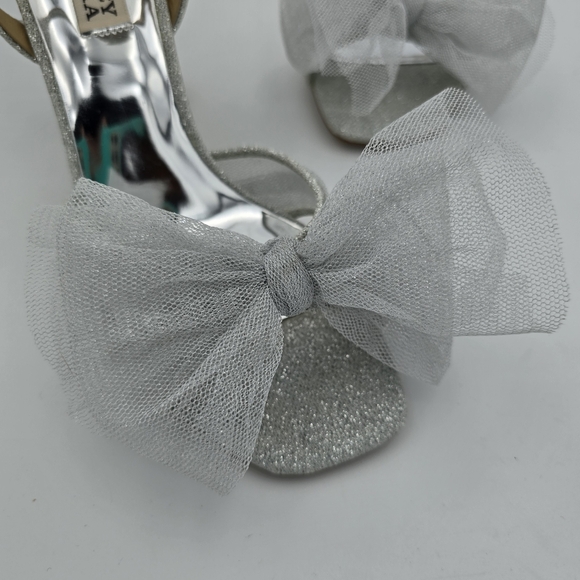 Badgley Mischka Tess Block Heel Sandals with Mesh Poof Bow, Silver Metallic, 6 - Picture 2 of 16
